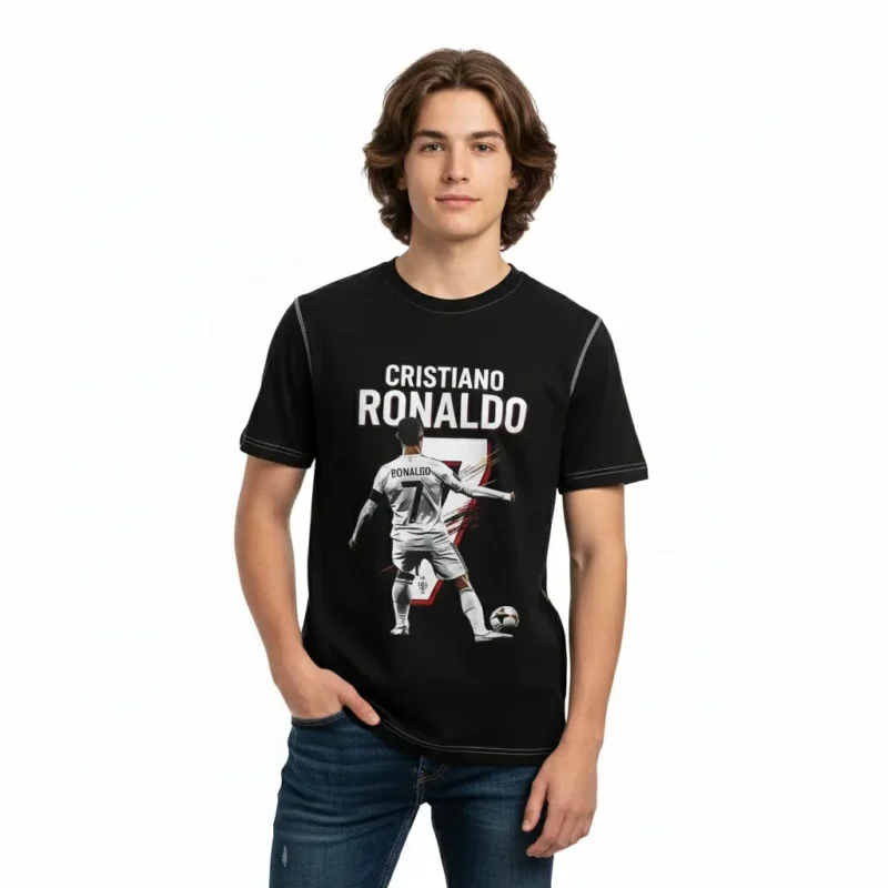 boy wearing CR-7 fan shirt in black with Ronaldo picture and name and number
